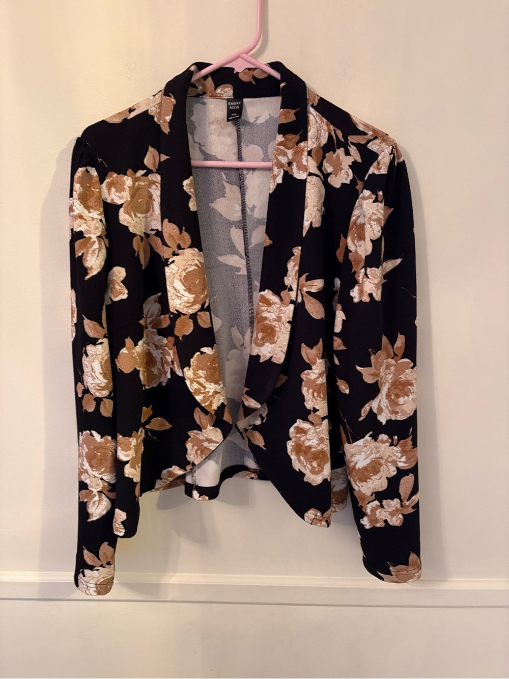 Emery Rose open-front blazer featuring an all-over tan floral print Sz 1X